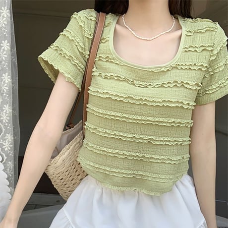 tシャツ ラウンドヘム 半袖 スクエアネック フリル ショート丈 トップス 薄手 レトロ 韓国ファッション レディース 大人可愛い ガーリー DTC-704922275965
