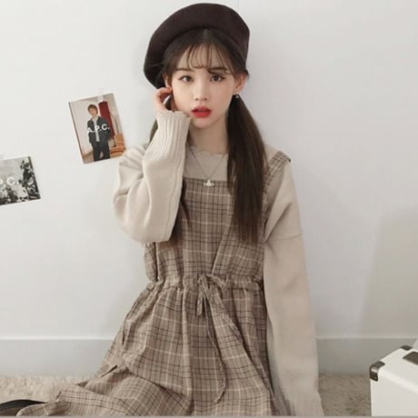 レディース ワンピース チェック柄 ジャンパースカート ノースリーブ ハイウエスト カーキ グレー 韓国 韓国ファッション (DTC-600676297764)