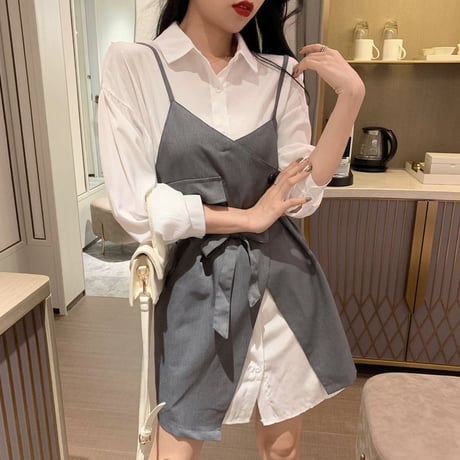 セットアップ ロングシャツ ＋ サスペンダースカート 韓国ファッション レディース 不規則デザイン ワンピース シャツ ハイウエスト 大人可愛い ガーリー (DTC-610138365332)