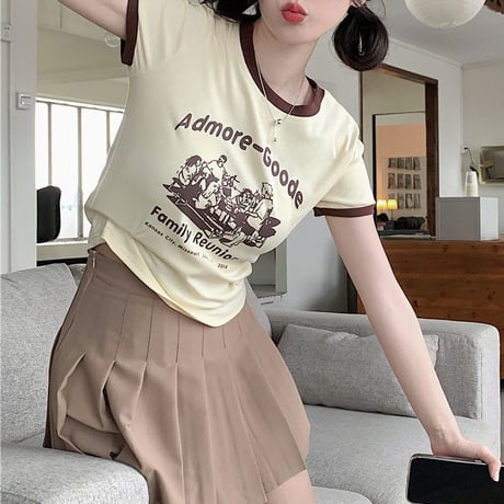 レトロプリント Tシャツ ショート丈 半袖 クルーネック スリムフィット レトロ カジュアル ストリートファッション ストリート系女子 DTCA-702505709620