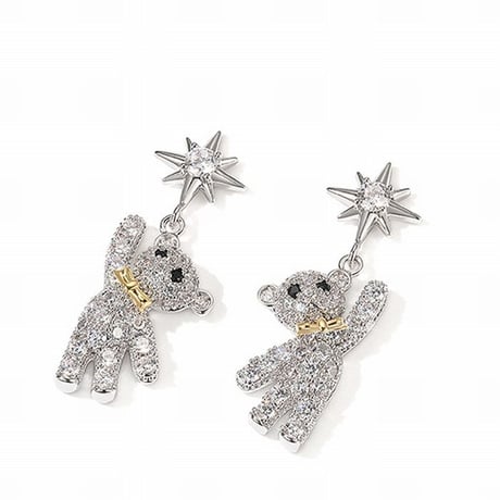 くまのピアス クリスタル キラキラ 韓国アクセサリー レディース ピアス クマ くまちゃん アニマル 合金 金メッキ シルバー925 DTC-604380154001