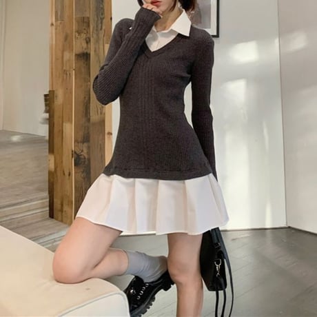 フェイクレイヤード ワンピース ドッキングワンピース ニット プリーツ スリムフィット Aライン 長袖 レトロ 韓国ファッション レディース 大人可愛い ガーリー DTCA-769852936406