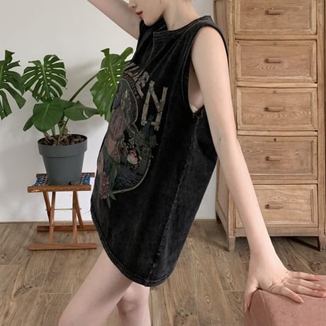 ヴィンテージ風 ノースリーブ ウォッシュ加工 タンクトップ tシャツ トップス オーバーサイズ ルーズ レトロ 大人可愛い ガーリー カジュアル ストリート女子 DTCA-795945053217