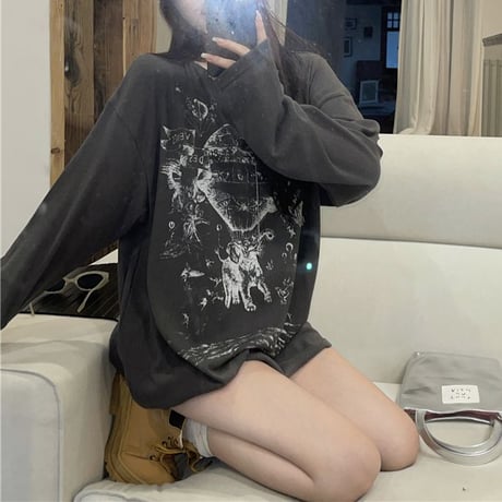 tシャツ 長袖 オーバーサイズ ドロップショルダー ロンt クルーネック トップス ルーズ レトロ 韓国ファッション レディース 大人可愛い ガーリー DTC-735331608484