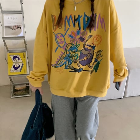 【3カラー】 トレーナー 落書き風 モンスター×恐竜プリント トップス オーバーサイズ レトロ 韓国ファッション レディース ガーリー カジュアル ストリート系 DTC-624453685642
