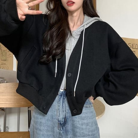 フェイクレイヤード ドッキングトップス パーカー カーディガン 重ね着風 ジップアップ ボタン 長袖 韓国ファッション レディース カジュアル ストリート系 DTC-667647158135