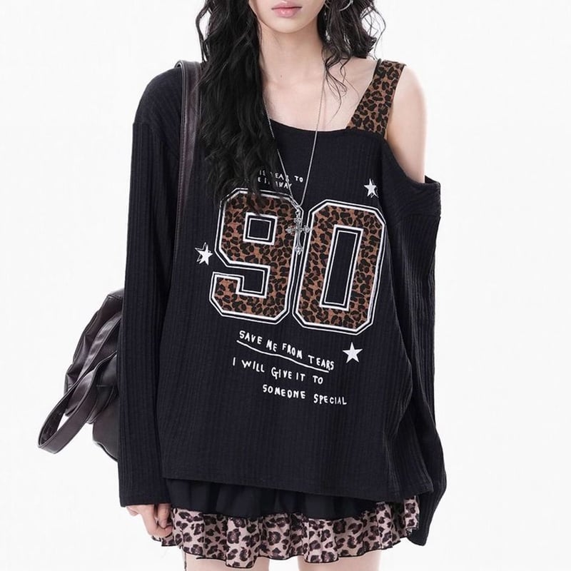 レイヤード風 ロンT レオパード ナンバーロゴ ヒョウ柄 オフショルダー