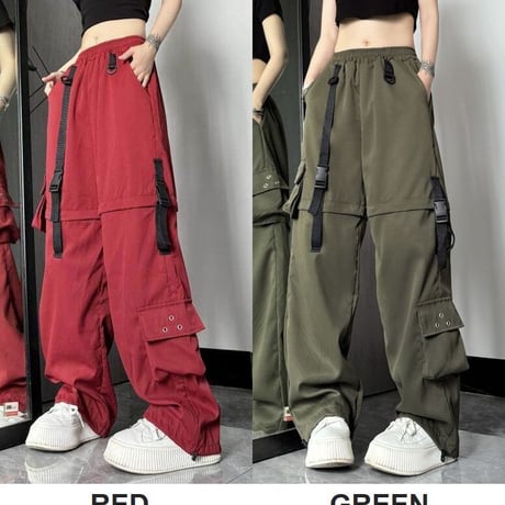 2WAY カーゴパンツ ワイドパンツ バックルベルト ストラップ ミリタリーパンツ アシンメトリー ウエストゴム 韓国ファッション レディース カジュアル DTC-656242658198_2