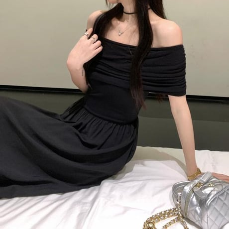 オフショルダー ワンピース ギャザー ハイウエスト 無地 ロングワンピース Aライン 半袖 レトロ 韓国ファッション レディース 大人可愛い ガーリー DTC-711428348814