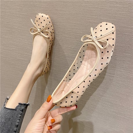 ドット柄 フラットパンプス メッシュ リボン フラットシューズ 22.5～25.5cm ローヒール パンプス 大人可愛い ガーリー 韓国ファッション レディース DTC-644142227857