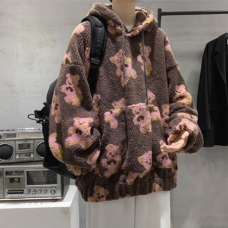 ユニセックス プルオーバー ボアフリースパーカー メンズ レディース 英字 クマちゃん ベアー プリント オーバーサイズ ルーズ ストリート系 ファッション TBN-629554274748