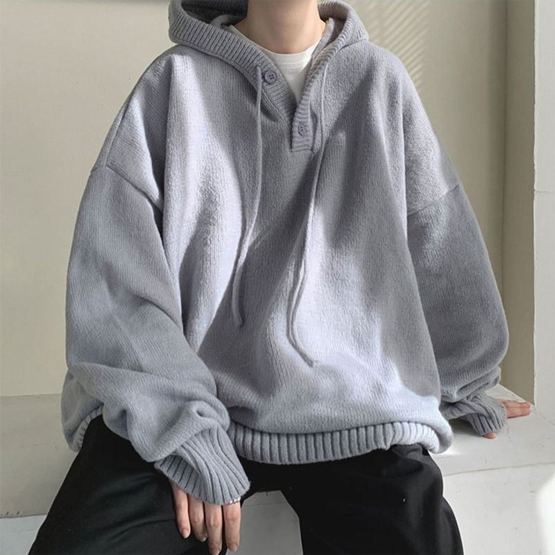 韓国 ユニセックス メンズ フード付 プルオーバー 長袖 ユニセックス ニットパーカー ハーフボタン プルオーバー フード