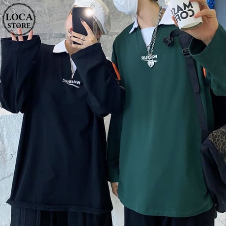 ユニセックス バイカラー ポロシャツ 長袖 オーバーサイズ 韓国ファッション メンズ レディース トップス ルーズ カジュアル ストリートファッション DTC-653571995078