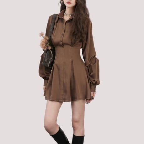 シャツワンピース ポロネック 薄手 ボリュームスリーブ ボタン Aライン ハイウエスト ミニワンピース 長袖 レトロ 大人可愛い ガーリー DTCA-894405245440
