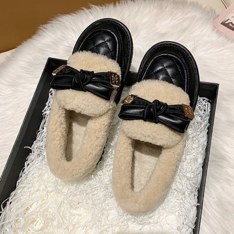 ファーシューズ リボン 22.5～25.0cm ローファー フラット フェイクファー もこもこ 歩きやすい おしゃれ 疲れない ガーリー DTC-661269724427