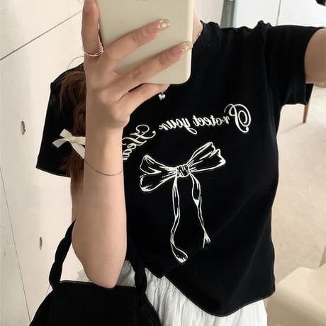 リボンプリント Tシャツ 半袖 クルーネック トップス レタープリント シンプル ルーズ レトロ 大人可愛い ガーリー カジュアル DTCA-775047425133