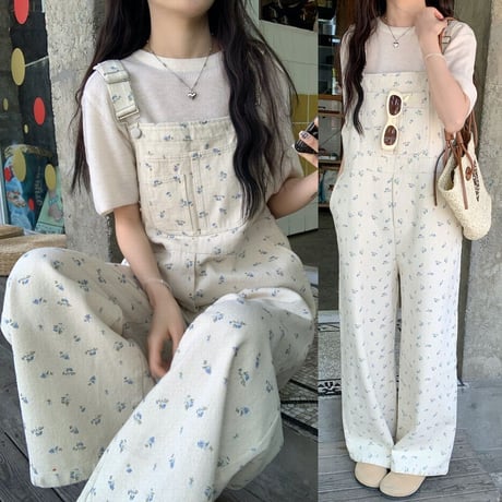 小花柄 デニム サロペット オーバーオール ハイウエスト ルーズ レトロ 韓国ファッション レディース 大人可愛い ガーリー DTC-776528524454
