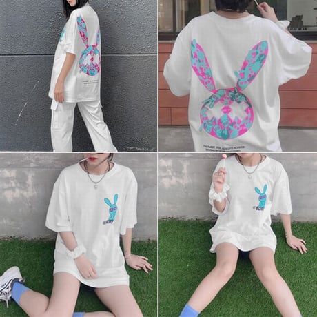 【2カラー】 ユニセックス Tシャツ 半袖 BADRABBIT うさぎ オーバーサイズ カジュアル 韓国ファッション メンズ レディース 韓国ストリートファッション DTC-619746188143