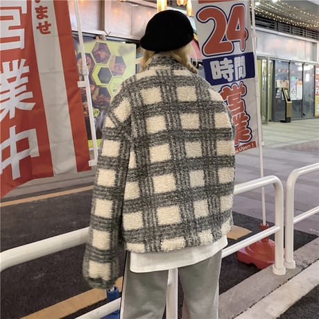 ユニセックス チェック柄 ボアジャケットもこもこ ラムウール ジップアップ 男女兼用 ショートコート ゆったり ボア カジュアル ストリート系 DTC-634195642983