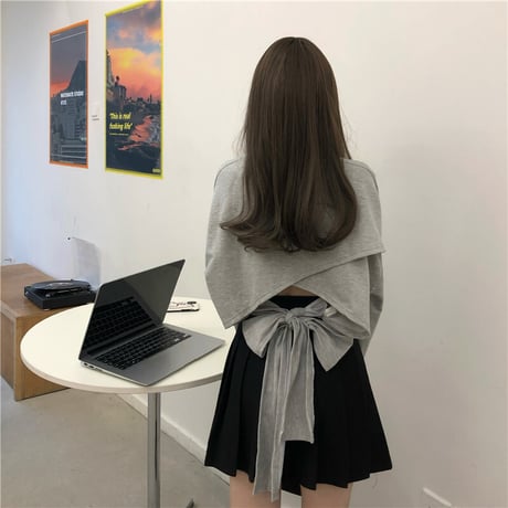 Tシャツ スウェット バックリボン プルオーバー オープンバック ショート丈 長袖 韓国ファッション レディース トップス 大人可愛い ガーリー カジュアル DTC-652203511871
