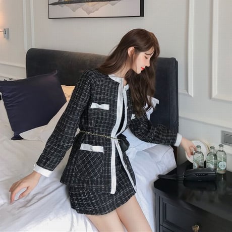セットアップ チェック柄 カーディガン ジャケット ＋ スカート 上下セット 韓国ファッション レディース 大人可愛い かわいい ガーリー DTC-632531662841