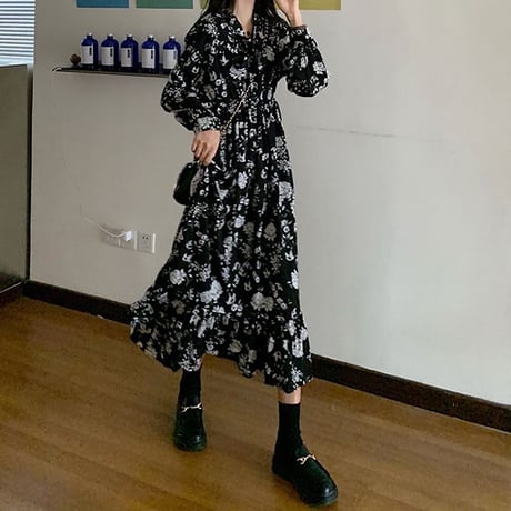 花柄 ワンピース Vネック 長袖 ハイウエスト ロング丈 韓国ファッション レディース 大人可愛い ガーリー フェミニン レトロ DTC-654775842535