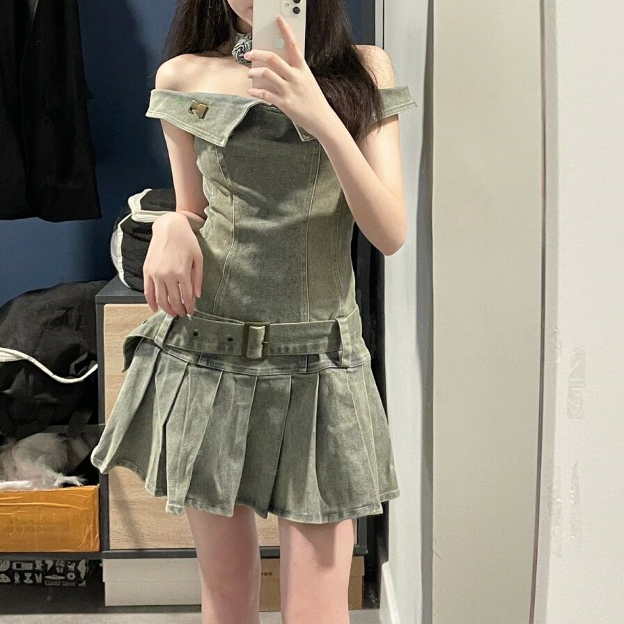デニムワンピース ノースリーブ オフショルダー Aライン デニム ミニ
