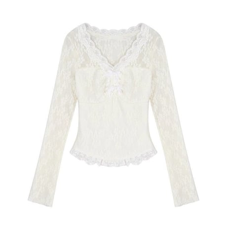 レース トップス Vネック リボン ロンT 薄手 tシャツ スリムフィット 長袖 レトロ 大人可愛い ガーリー フェミニン DTCA-883511135155