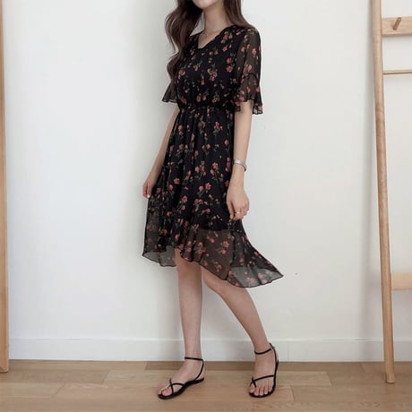 レディース 花柄シフォンワンピース レトロ ハイウエスト フェミニン ガーリー 韓国ファッション (DCT-594879835987)