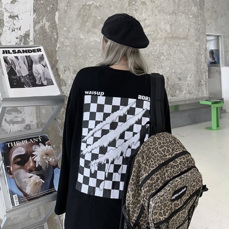 ユニセックス Tシャツ 長袖 モノトーンフラッグ柄 爪痕 オーバーサイズ 韓国ファッション メンズ レディース ロンT カジュアル ストリートファッション DTC-651649556386