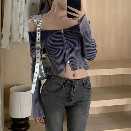 6カラー ダブルジップ ニット オフショルダー クロップド丈 トップス オフショル スリムフィット 長袖 レトロ 韓国ファッション レディース 大人可愛い ガーリー DTC-735530117178
