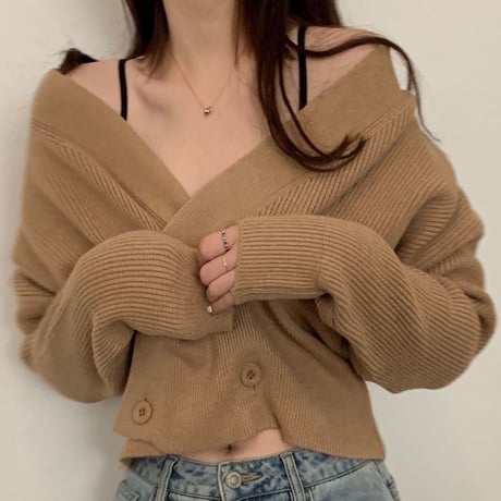2WAY ショート丈 カーディガン 韓国ファッション レディース オフショルダー オフショル ウール 暖かい ボタン ガーリー (DTC-604776362280)
