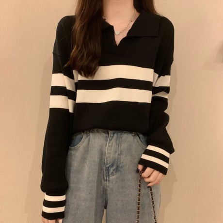 ニットトップス 襟付きニット ポロカラー Vネック ボーダー ライン トップス 長袖 レトロ 韓国ファッション レディース 大人可愛い ガーリー カジュアル DTC-654263635279