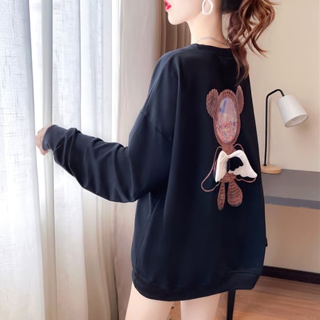 トレーナー 羽 エンジェルくまちゃん 薄手 シンプル ルーズ 韓国ファッション レディース トップス 大きめ ガーリー カジュアル ストリートファッション DTC-651472313621