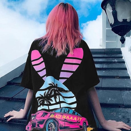 ユニセックス 半袖 Tシャツ メンズ レディース うさぎモチーフ 英字 ヤシの木 車 プリント オーバーサイズ 大きいサイズ ルーズ ストリート TBN-601743728424