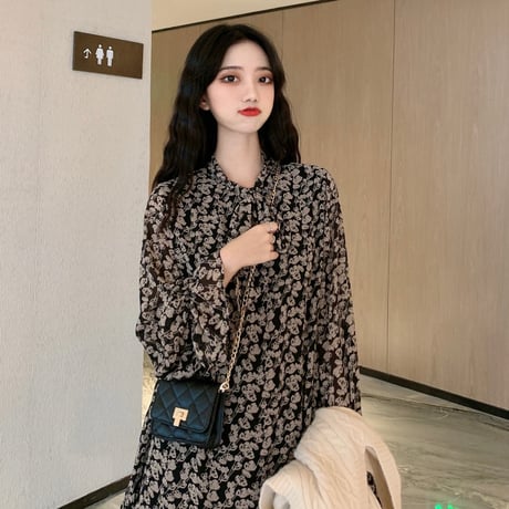 セットアップ 花柄ワンピース ＋ ニットベスト 韓国ファッション レディース 2点セット ゆったりウエスト トランペットスリーブ 大人可愛い ガーリー フェミニン DTC-626572940593