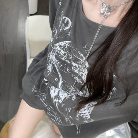 tシャツ 長袖 オーバーサイズ ドロップショルダー ロンt クルーネック トップス ルーズ レトロ 韓国ファッション レディース 大人可愛い ガーリー DTC-735331608484