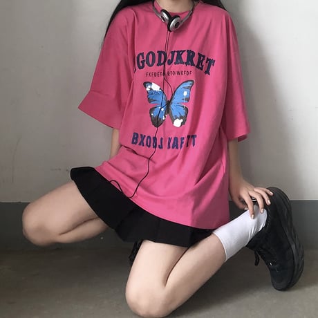 【2カラー】 Tシャツ バタフライ柄 半袖Tシャツ 半袖 オーバーサイズ レトロ 韓国ファッション レディース 大人可愛い ガーリー カジュアル ストリート系 DTC-619205596025