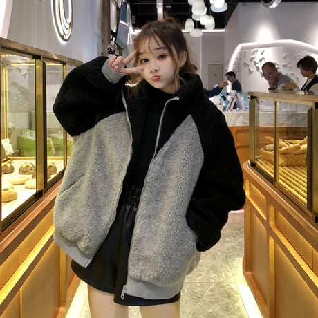 ボアブルゾン バイカラー アウター 韓国ファッション レディース ブルゾン ジャケット もこもこ フロントジッパー カジュアル 秋 冬 (DTC-605491386925)