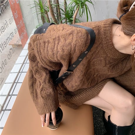 ニット ツイストセーター ケーブル編み ラウンドネック ロング丈 ラウンドネック ルーズ 韓国ファッション レディース レトロ 大人可愛い ガーリー カジュアル DTC-655238426395