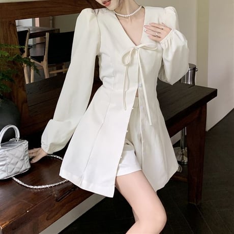 セットアップ 上下セット 変形ロングシャツ ショートパンツ リボンタイ 長袖 ハイウエスト レトロ 韓国ファッション レディース 大人可愛い ガーリー DTC-710081649670