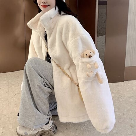 クマのぬいぐるみ付き ボアジャケット ボアブルゾン ゆったり アウター レトロ 韓国ファッション レディース 大人可愛い ガーリー フェミニン カジュアル DTC-657634169827