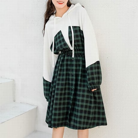 チェック柄 ワンピース 韓国ファッション レディース フェイクレイヤード フード ランタンスリーブ ウエストゴム ひざ丈 シンプル 春 秋 韓国 (DTC-587950595372)