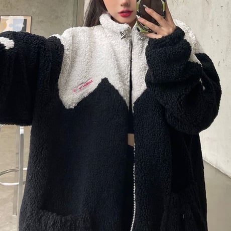 ユニセックス ボアジャケット ボアブルゾン バイカラー ジップアップ オーバーサイズ ラムウール 韓国ファッション メンズ レディース カジュアル ストリート系 DTC-657833299511