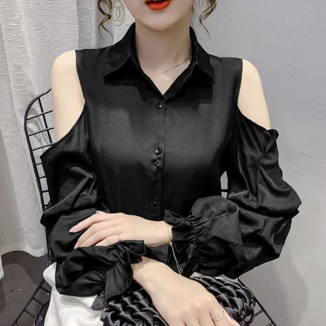 【3カラー】 オープンショルダー ブラウス シャツ 肩出し 肩開き パフスリーブ 長袖 薄手 レトロ 韓国ファッション レディース 大人可愛い ガーリー DTC-637340246907