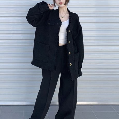ジャケット ノーカラー Vネック フェイクラムウール フリンジ ボタン ルーズ 長袖 レトロ 韓国ファッション レディース 大人可愛い ガーリー カジュアル DTC-689344975884