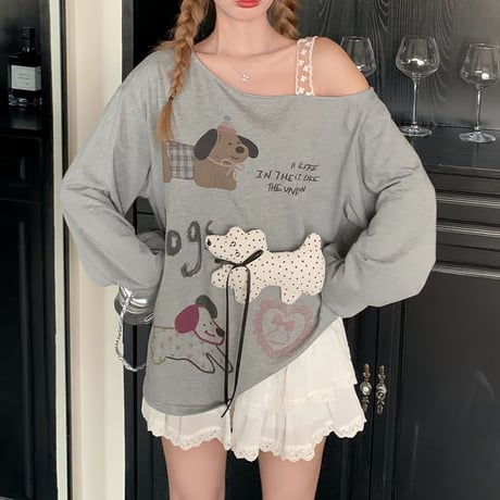 トップス ロンT レース肩紐 ワンショルダー オフショルダー わんちゃん リボン tシャツ 肩出し オーバーサイズ ゆったり 長袖 レトロ 大人可愛い ガーリー DTCA-838606400944