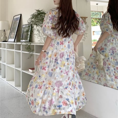 花柄ワンピース 半袖 パフスリーブ ゆったりウエスト プルオーバー Aライン レトロ 韓国ファッション レディース 大人可愛い ガーリー フェミニン DTC-708779539643