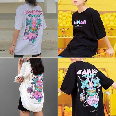 ユニセックス Tシャツ 半袖Tシャツ 半袖 ラビット プリント クルーネック オーバーサイズ 大きめ 韓国ファッション メンズ レディース カジュアル ストリート系 DTC-619532029329