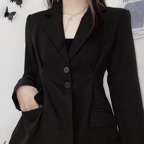 テーラードジャケット ウエストシェイプ ロング丈 韓国ファッション レディース ジャケット ルーズ 長袖 大人可愛い ガーリー DTC-629232843032